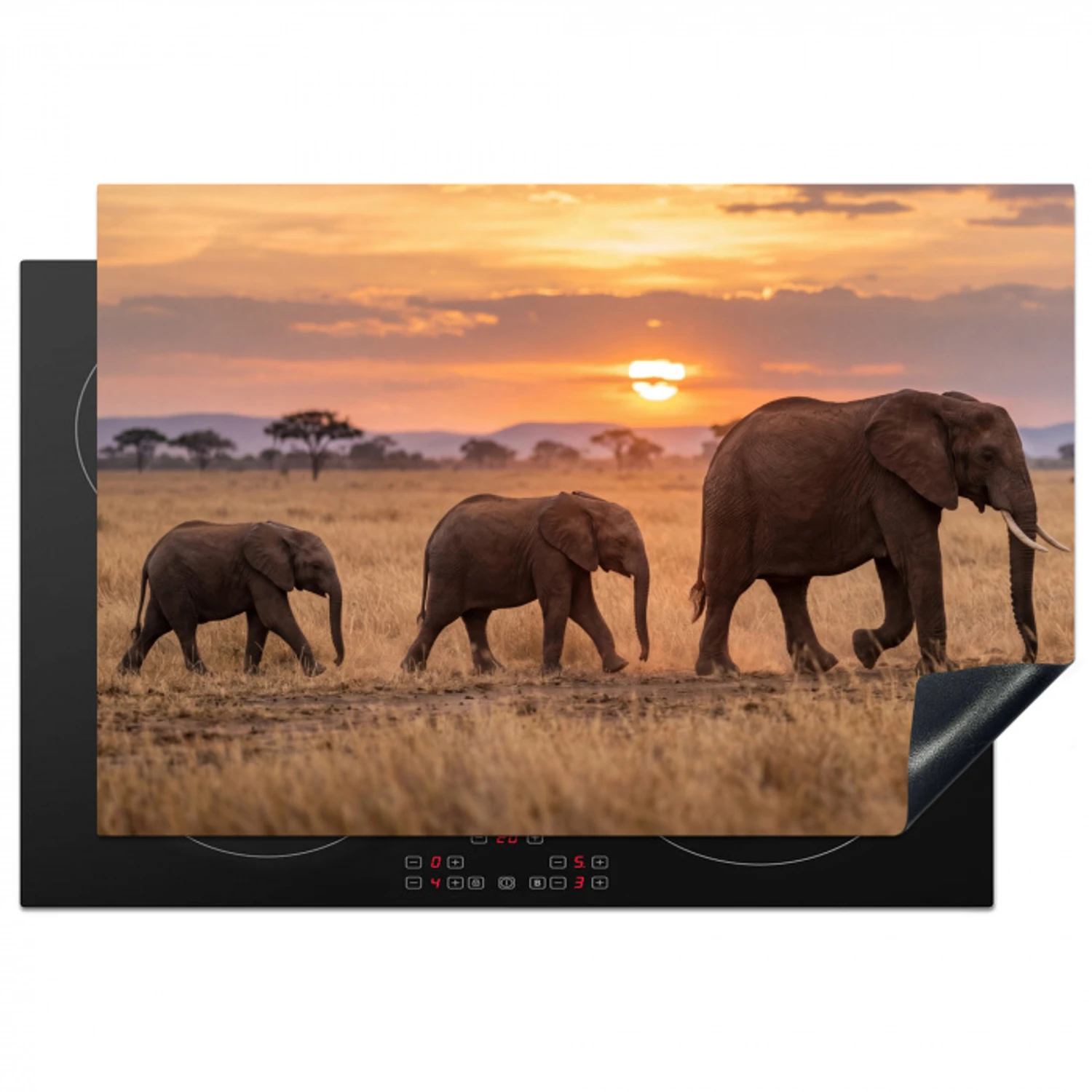 Olifanten - Savanne - Zonsondergang - Afrika - Warm Inductie beschermer vinyl 3mm klein -3d