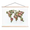 Wereldkaart - Kleurrijk - Bloemen - Lente textielposter latten blank klein -3d