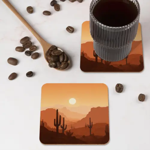 Landschap - Woestijn - Cactussen - Zon onderzetter kurk middel -sfeer2