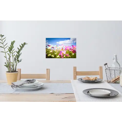Bloemen - Wei - Paars - Gras - Wit - Wolken - Blauw Muursticker klein -eettafel