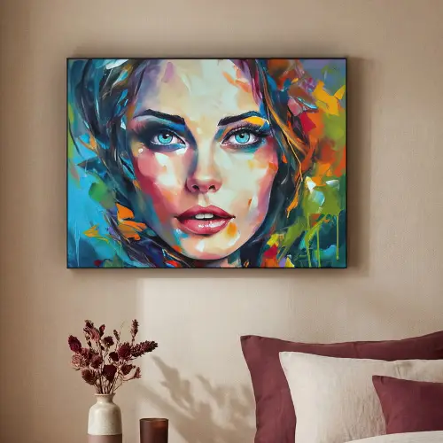 Gezicht - Vrouw - Olieverf - Kleurrijk - Kunst Textielframe zwart klein -sfeer1