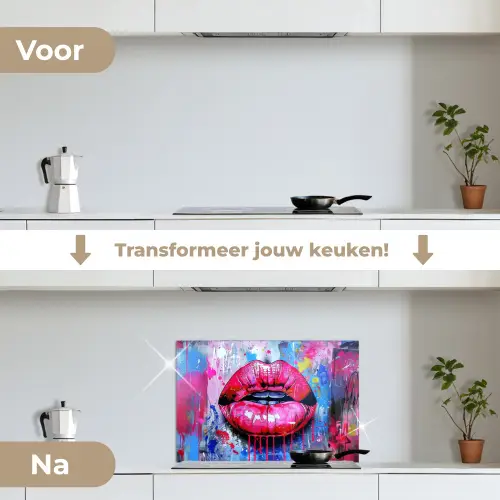 Graffiti - Lippen - Felroze - Geschilderd keuken achterwand spatscherm klein -voor_na_NL