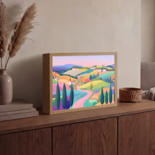 Landschap - Paars - Pastel - Huizen Light Box met batterij (Wandlamp) middel -sfeer2