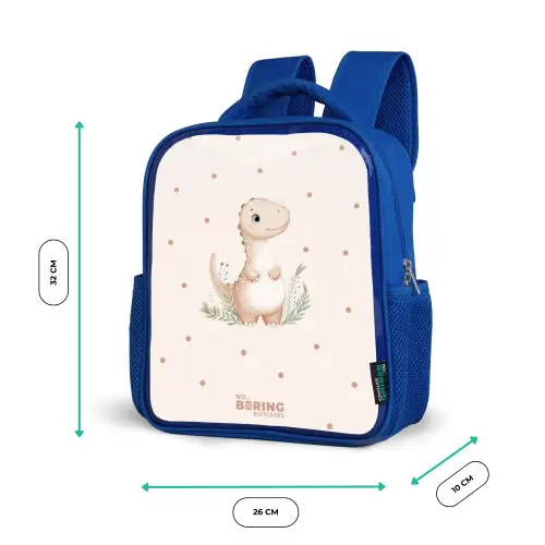 Beige dino op een stippen achtergrond Kinderrugzak - Blauw middel -productfoto_formaten