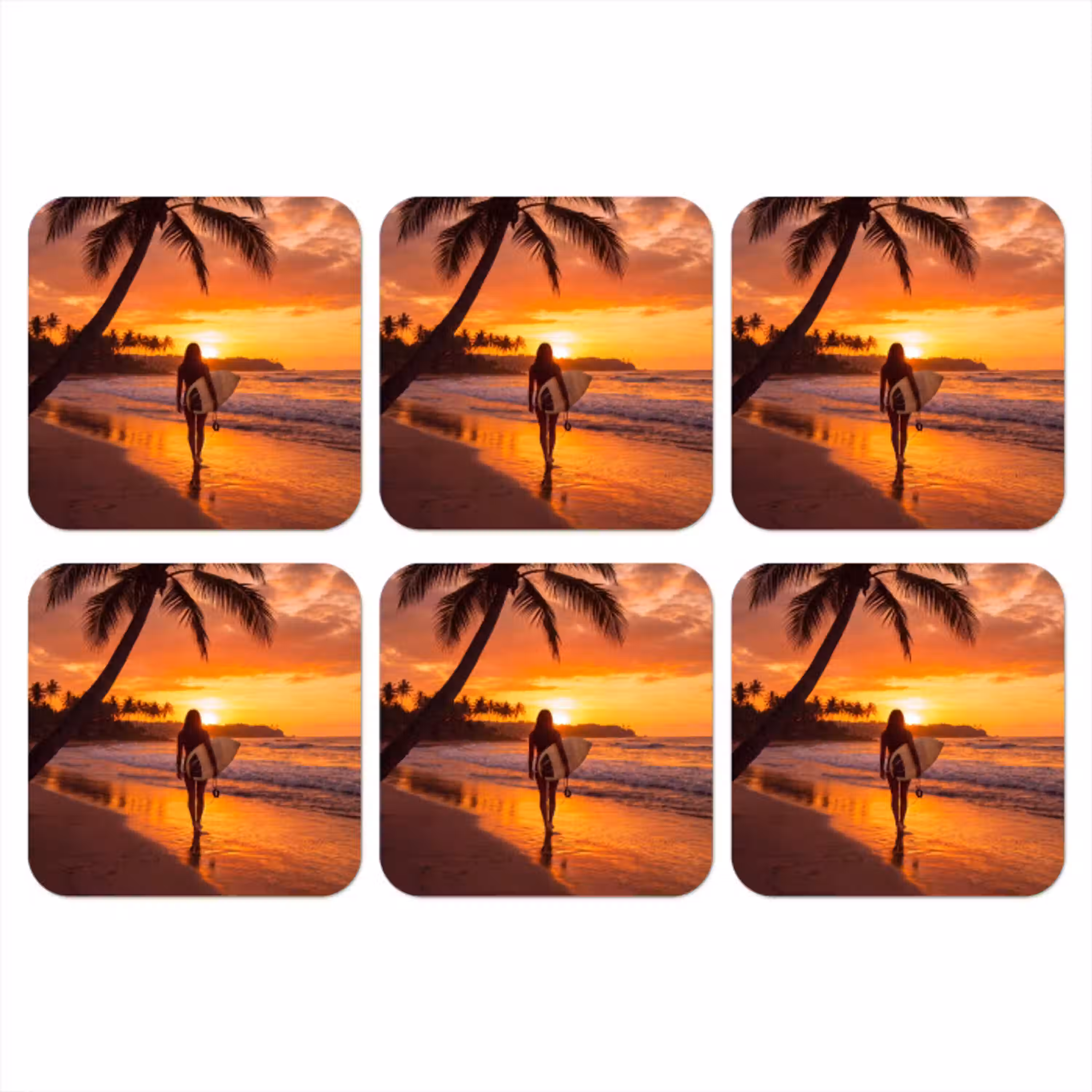 Vrouw - Surfplank - Strand - Zonsondergang - Oranje onderzetter kurk middel -3d
