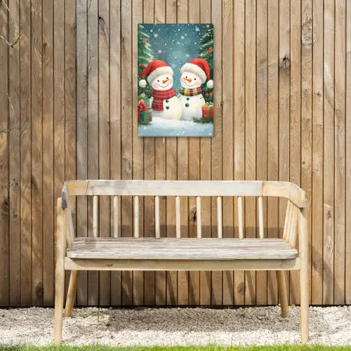 Sneeuwpop - Kerstsneeuw - Groen - Rood Tuinposter op houten frame 2 cm dik klein -sfeer4