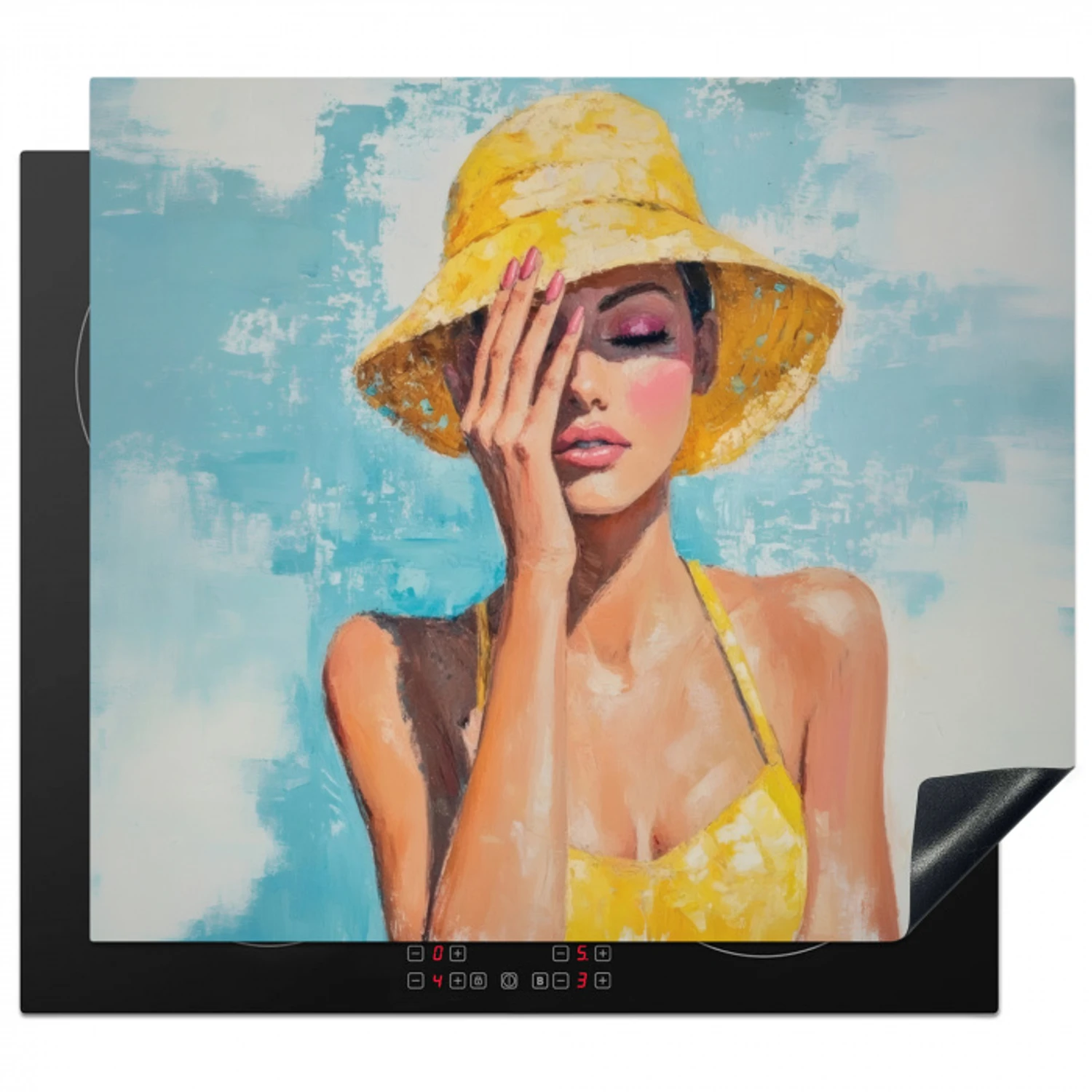 Schilderij - Vrouw - Hoed - Geel Inductie beschermer vinyl 3mm middel -3d