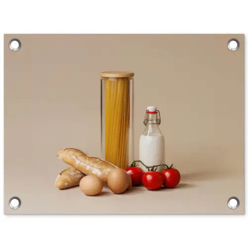Spaghetti - Melk - Tomaten - Eieren - Brood tuinposter los doek klein -3d
