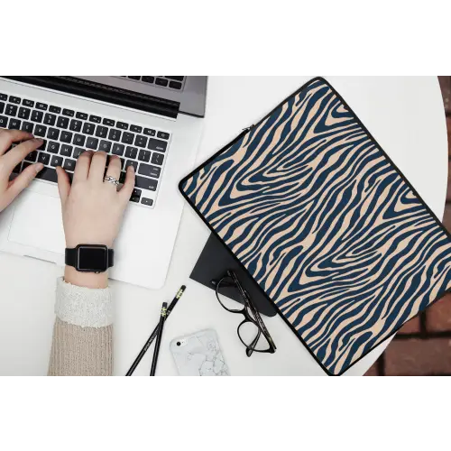 Zebra - Patroon - Blauw - Beige laptophoes neopreen klein 279 -bureau