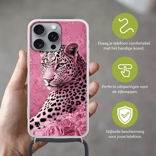 Panter - Luxe - Roze Hoesje iPhone 16 Pro Max met koord klein -sfeer2_NL