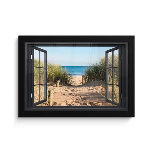 Doorkijk - Strand - Zee - Zand - Water - Helmgras - Duinen fotolijst zwart zonder passe partout klein -3d