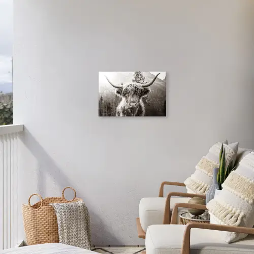 Schotse hooglander - Koe - Dieren - Zwart - Wit Tuinposter op houten frame 2 cm dik klein -sfeer1