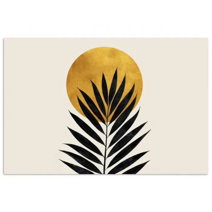 Zwart palmblad - Gouden cirkel - Beige achtergrond poster papier klein -3d