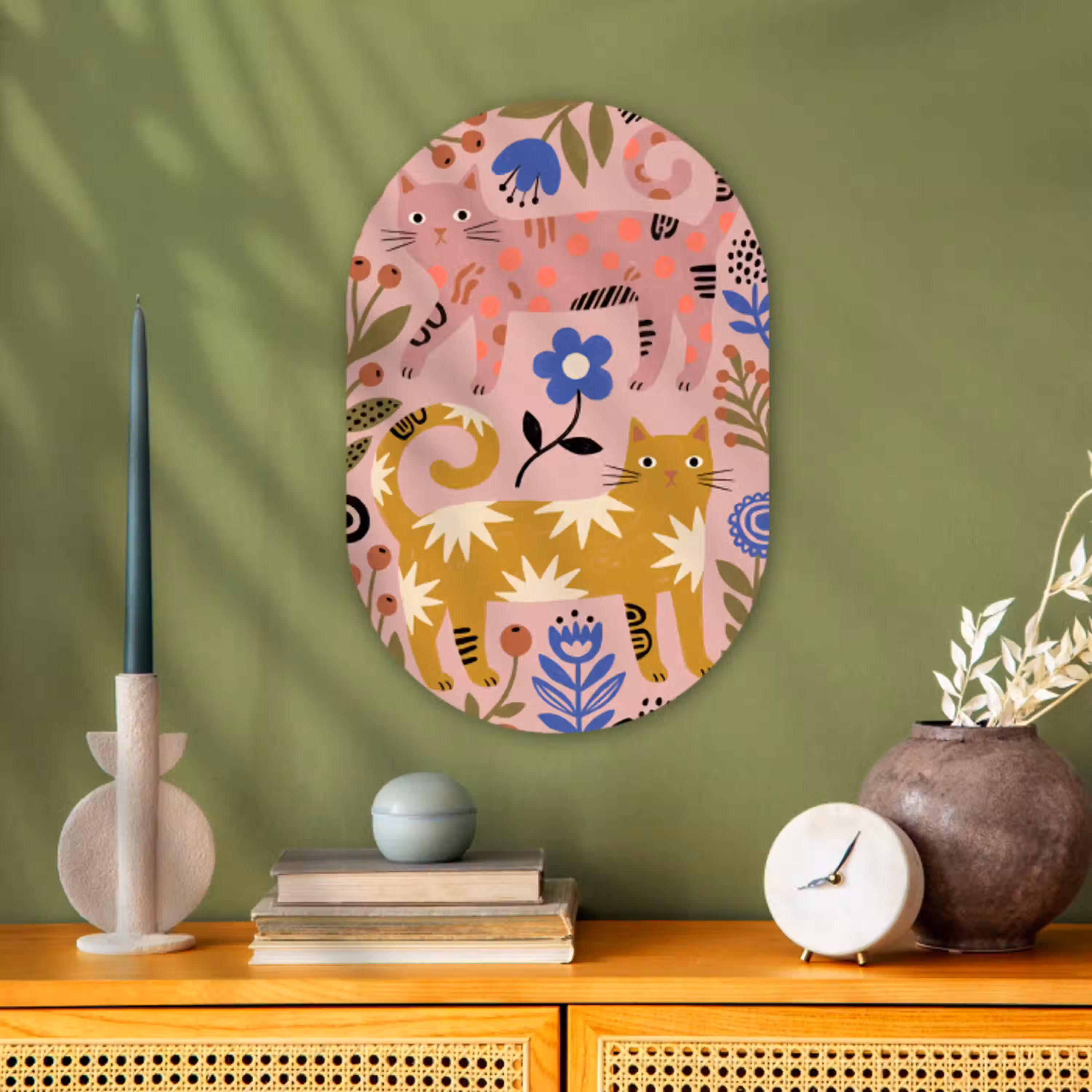 Kat - Bloemen - Dieren - Modern - Roze Wandcirkel Ovaal Forex klein -sfeer2