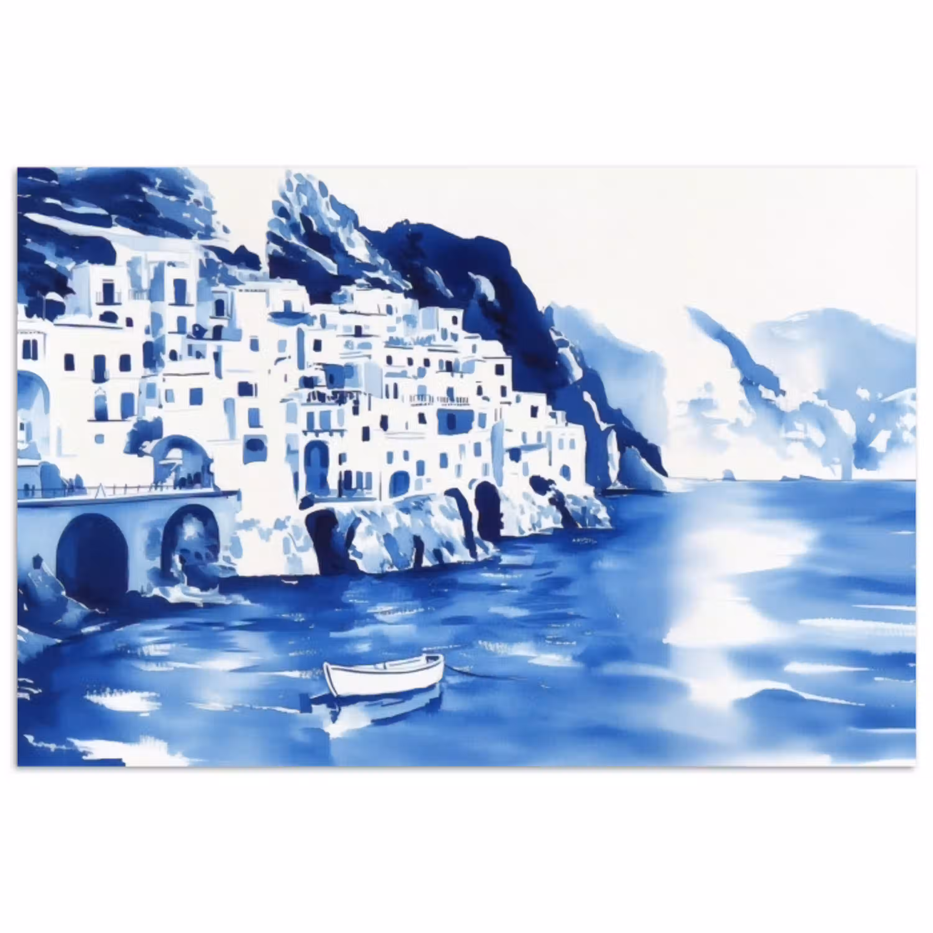 Dorp - Rotswand - Roeiboot - Water poster papier klein -3d