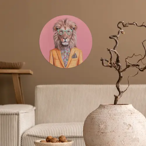 Leeuw - Pak - Geruit - Bril Wandcirkel behangsticker klein -sfeer1
