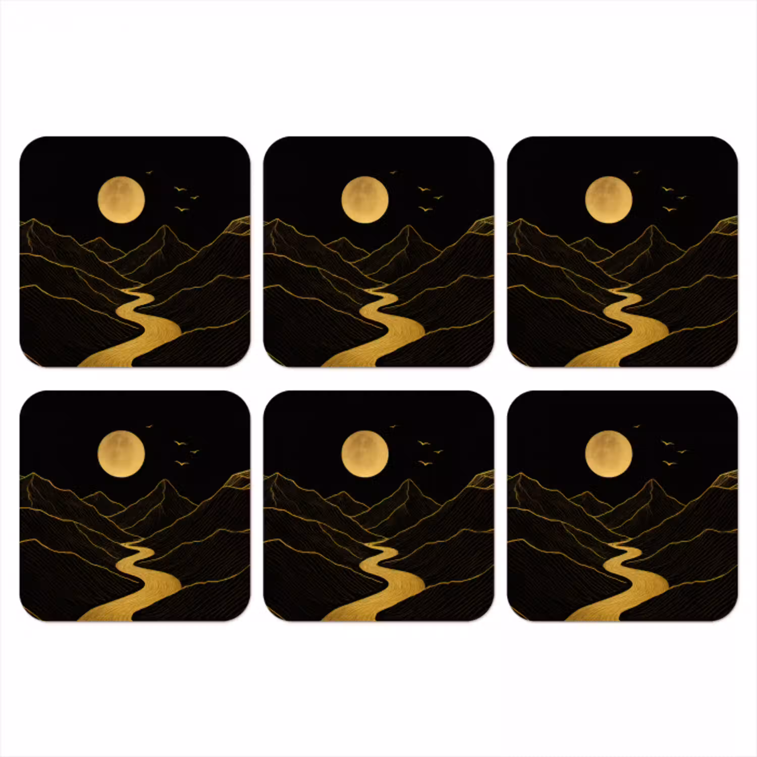 Rivier - Goud - Maan - Vogels onderzetter kurk middel -3d