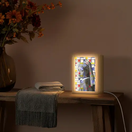 Mondriaan - Meisje met de parel - Collage Light Box met kabel (Tafellamp) klein -sfeer4