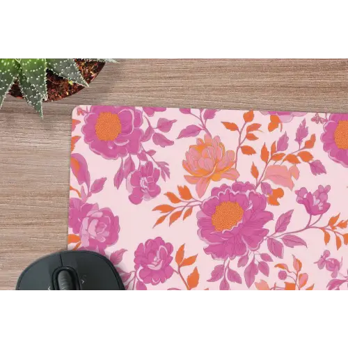 Bloemenpatroon - Roze - Oranje - Bloemen muismat rubber klein -closeup