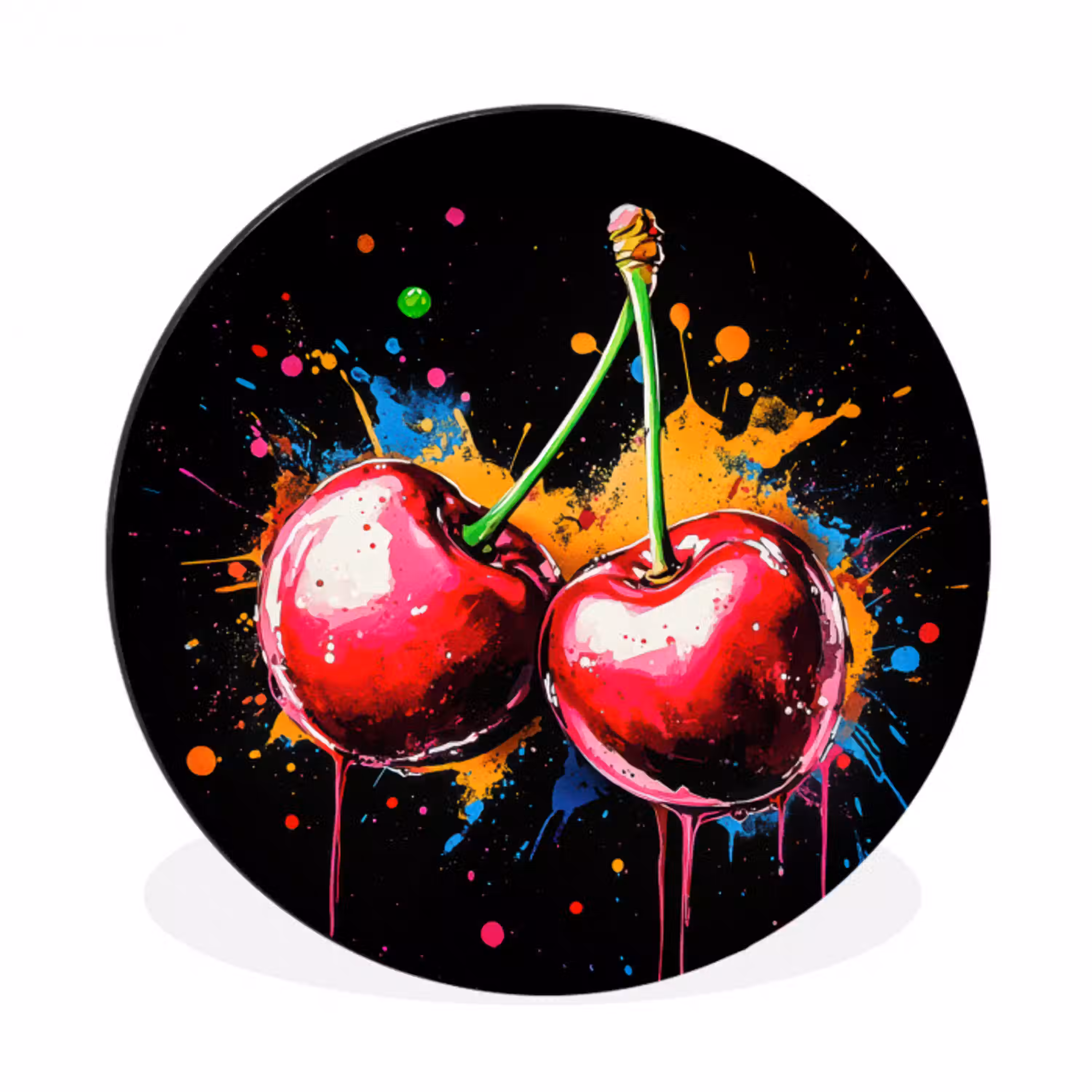 Kersen - Fruit - Graffiti - Verf - Abstract - Modern - Kleurrijk Wandcirkel aluminium klein -3d