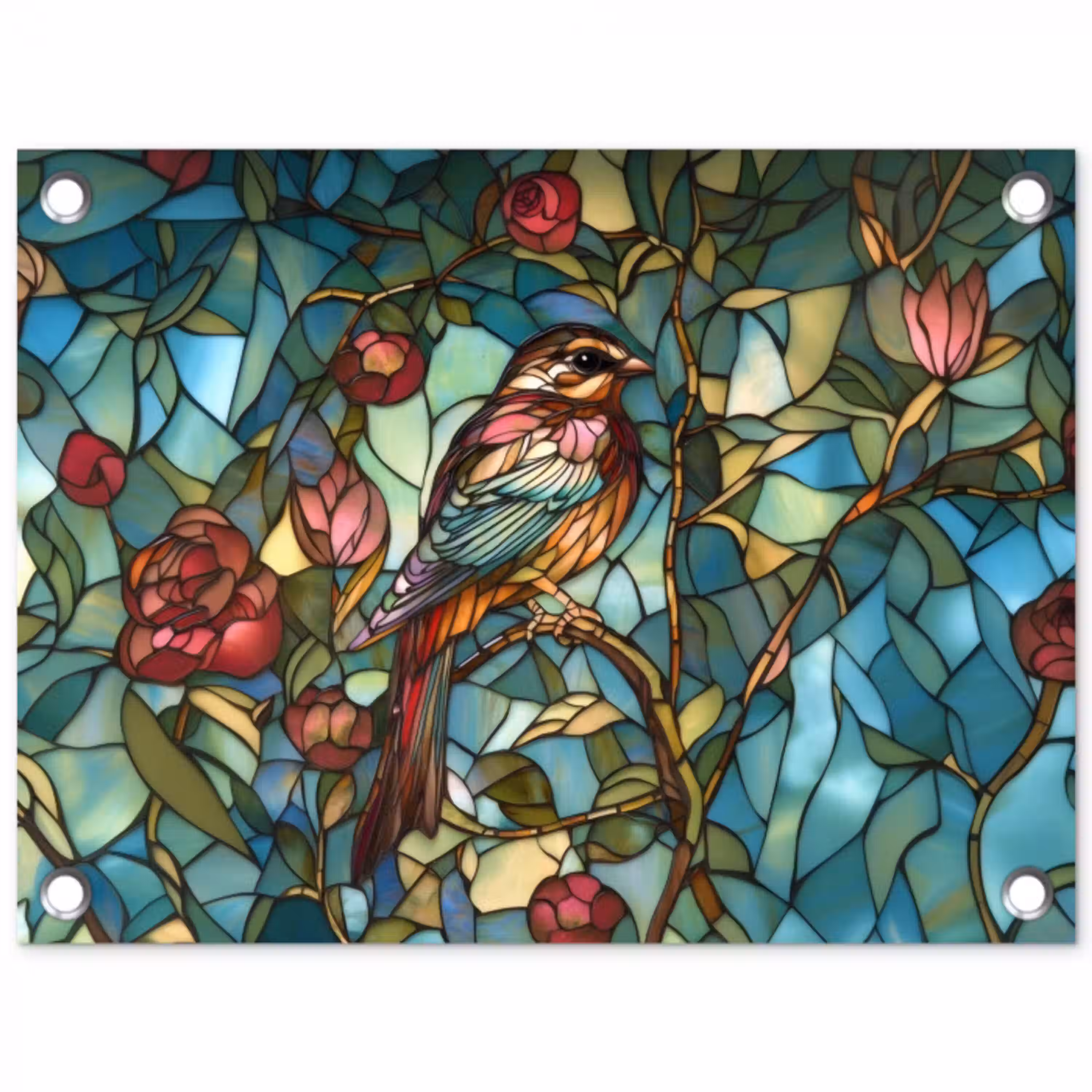 Vogel - Tak - Rozen - Mozaïek tuinposter los doek klein -3d