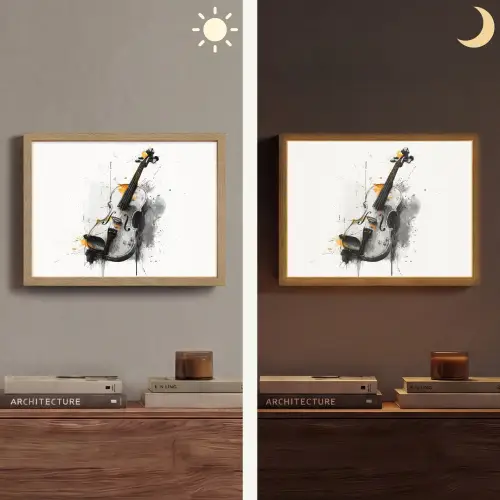 Viool - Oranje - Zwart - Penseelstreken Light Box met batterij (Wandlamp) middel -sfeer3