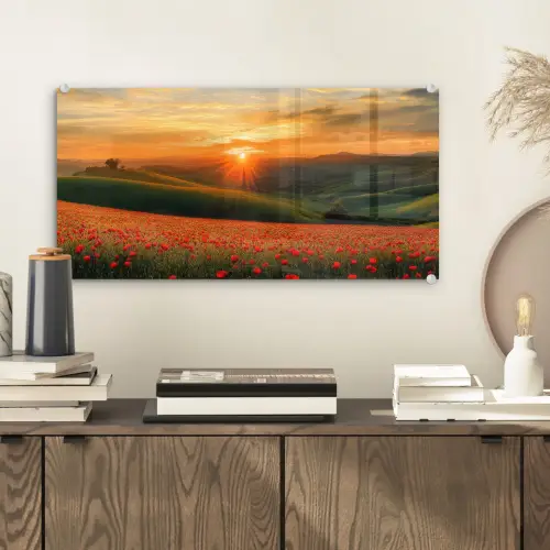 Klaprozen - Bloemen - Heuvels - Zonsondergang plexiglas 5mm klein -sfeer1