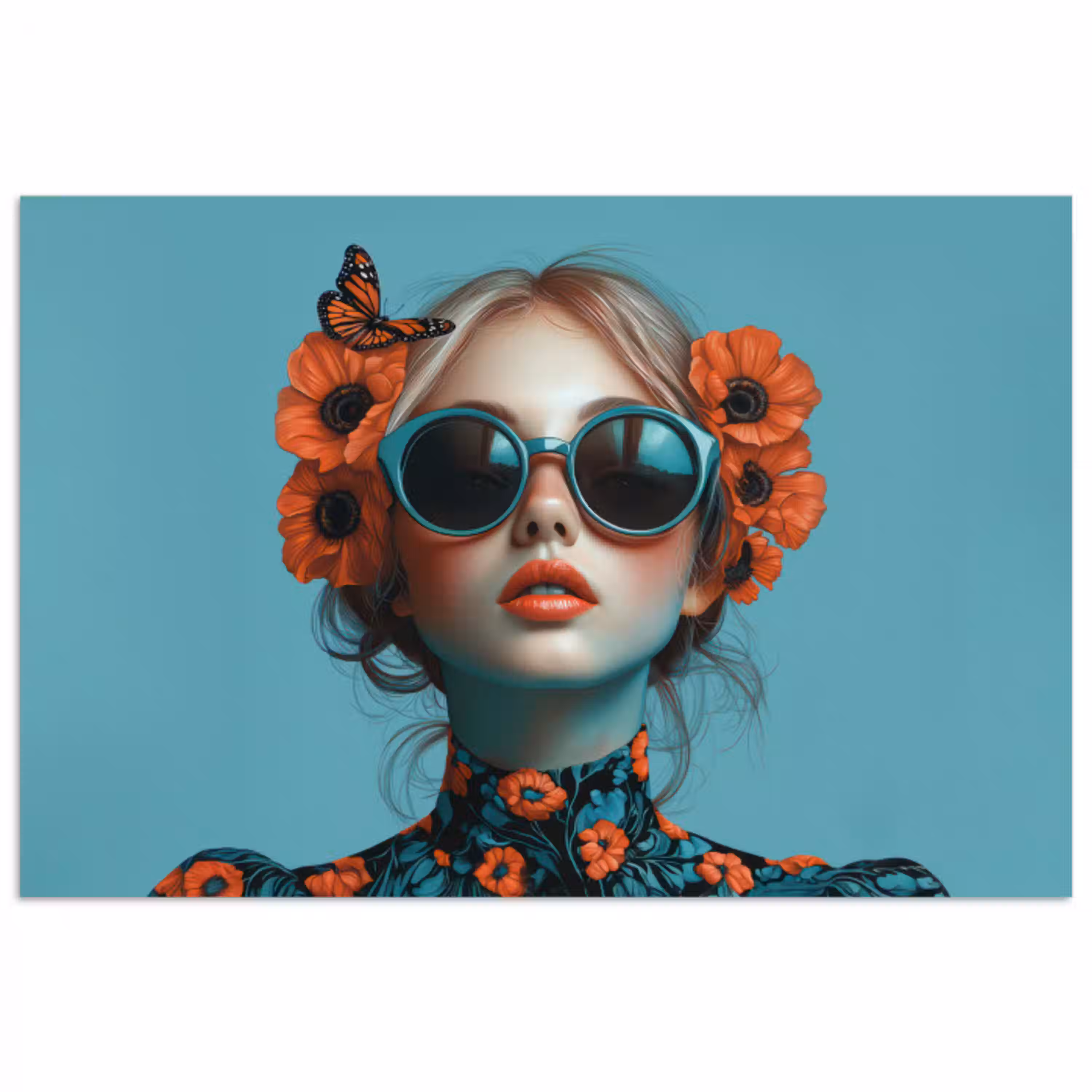 Vrouw - Blauw - Vlinder - Bloemen - Aesthetic poster papier klein -3d