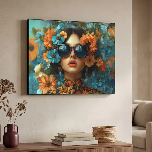 Vrouw - Bloemen - Oranje - Blauw - Modern Textielframe - compleet frame klein -sfeer3