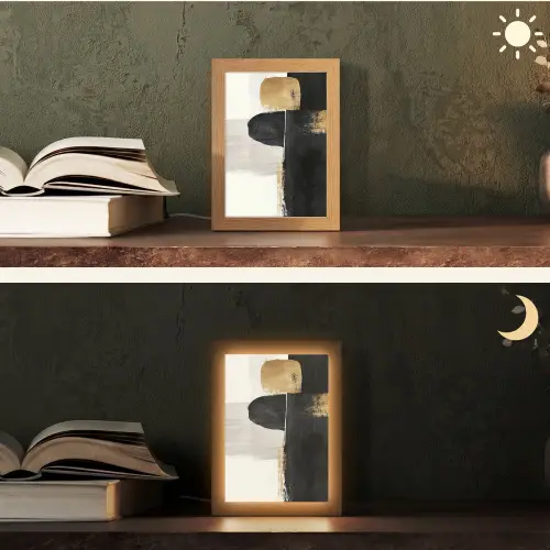 Vormen - Penseelstreken - Abstract - Goud Light Box met kabel (Tafellamp) klein -sfeer3