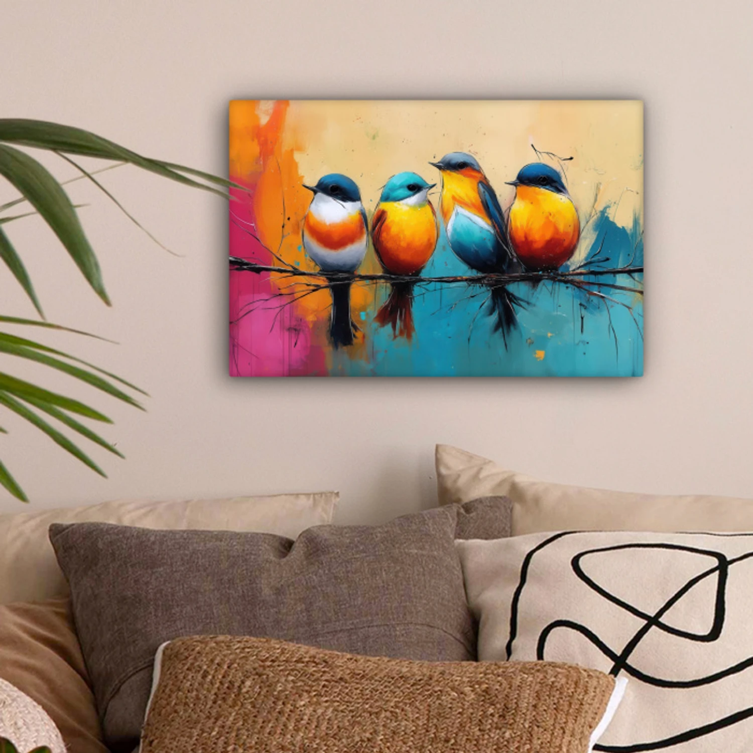Vogels - Kleurrijk - Tak - Abstract canvas 2cm klein -sfeer1