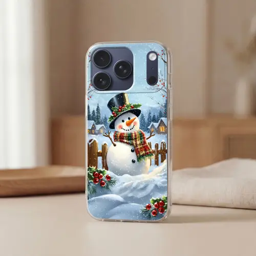 Sneeuwpop - Winterdorp - Kleurrijk Telefoonhoesje iPhone 17 Pro klein -sfeer2