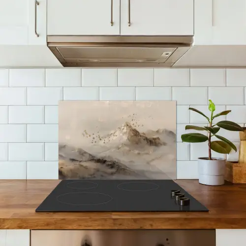 Berglandschap - Mist  - Penseelstreken keuken achterwand spatscherm klein -sfeer2