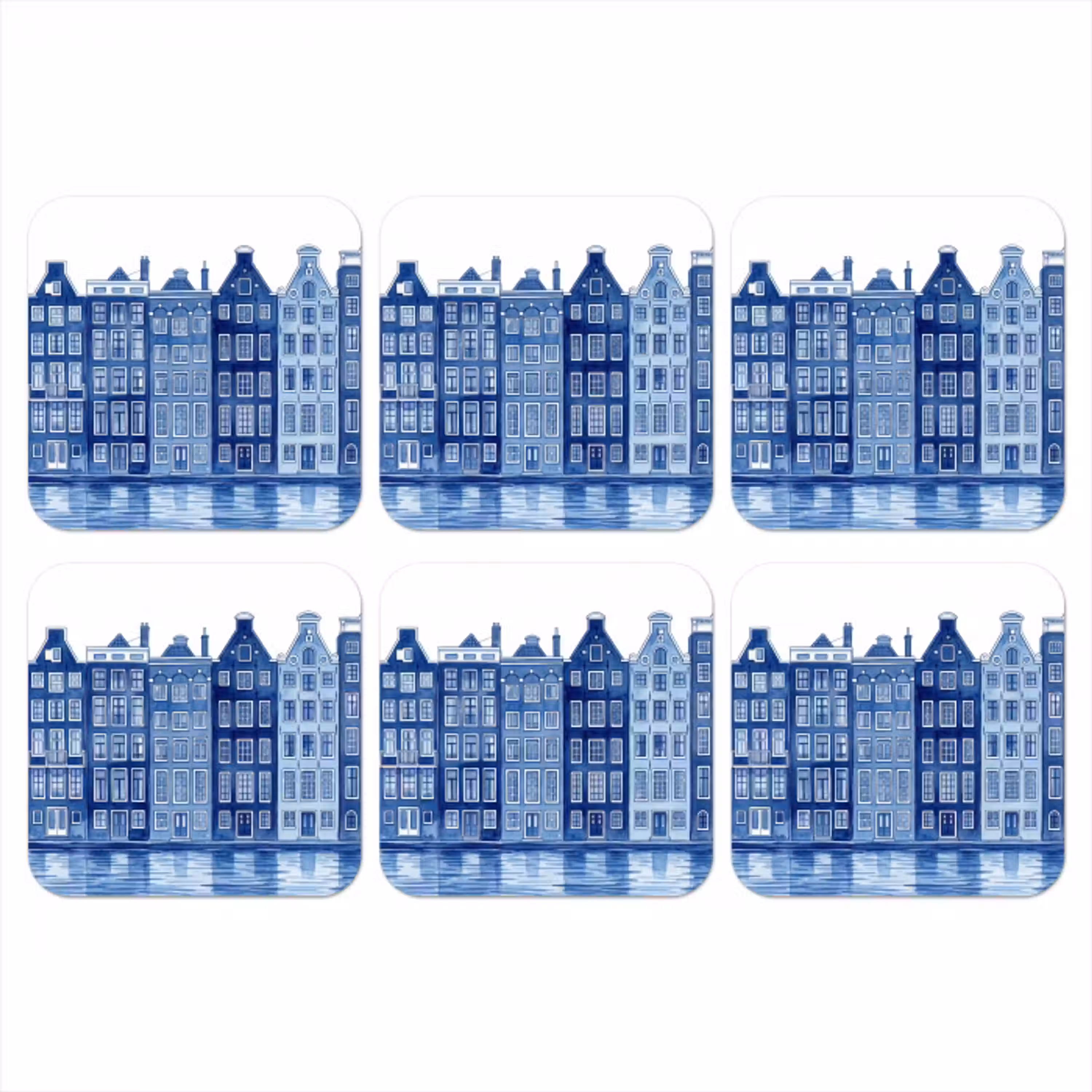 Aquarel - Grachtenpanden - Delfts - Blauw onderzetter kurk middel -3d