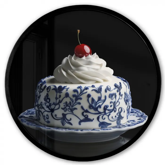 Taart - Slagroom - Kers - Bord - Delfts blauw Fotolijst rond zonder passe partout klein -3d