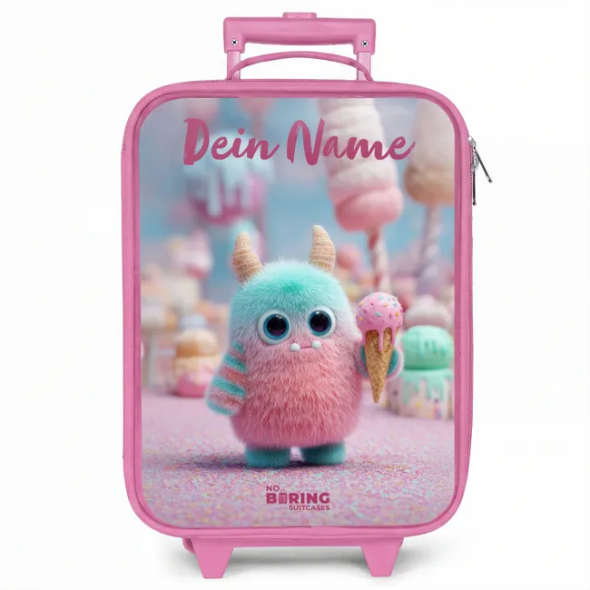 Kinderkoffer Rosa mit Name - Süßes Monster Süßigkeiten Abenteuer
