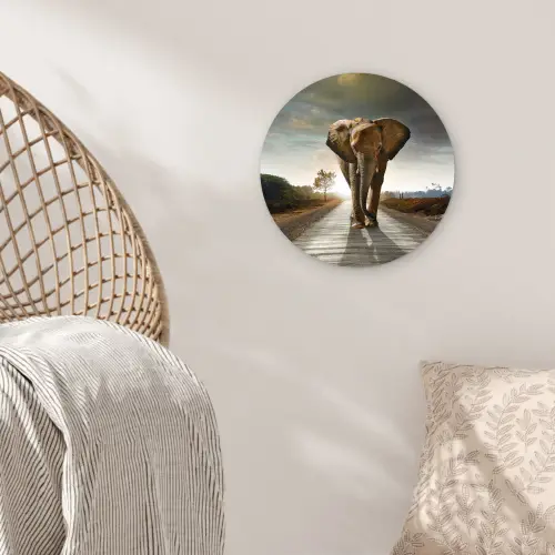 Olifant - Weg - Dieren - Zonsondergang - Landschap Wandcirkel kunststof plaat 5mm dik klein -sfeer5