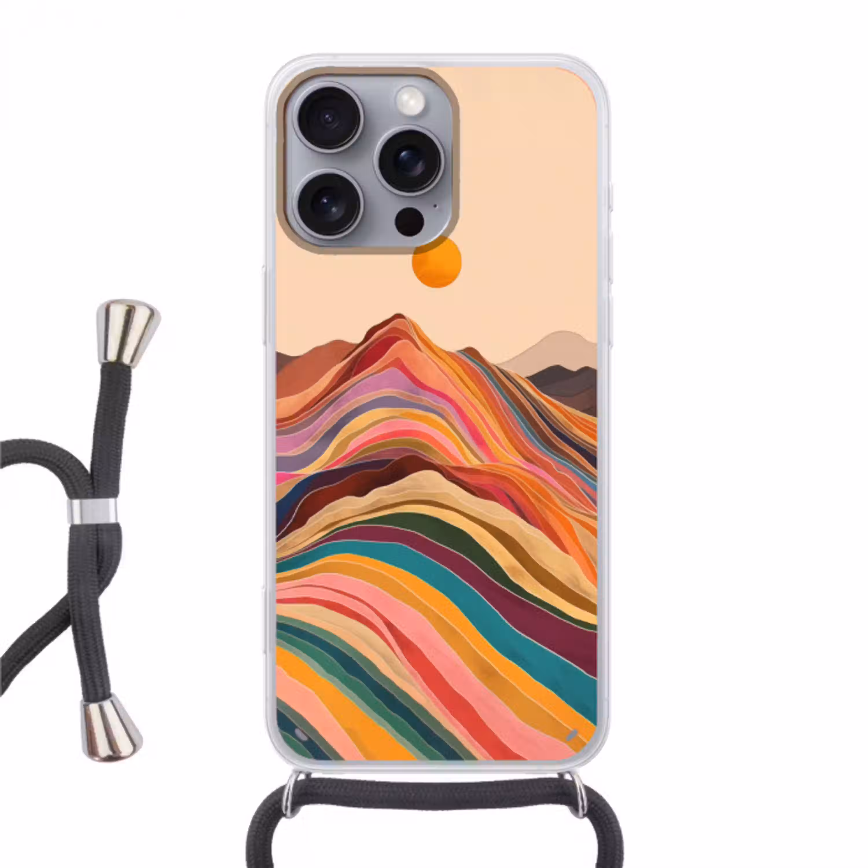 Zon - Kleurrijk landschap - Bergen Hoesje iPhone 16 Pro Max met koord klein -3d