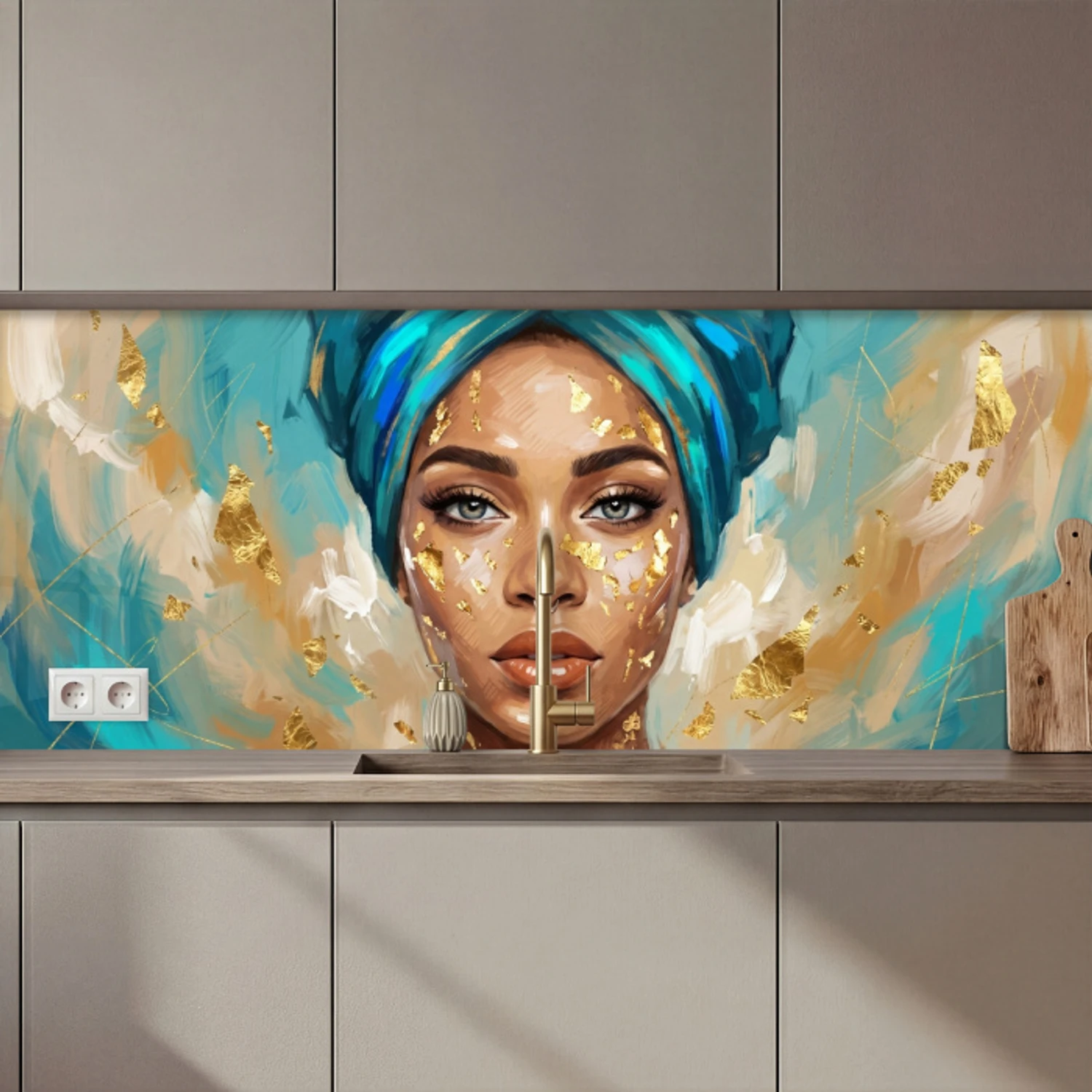 Portret - Vrouw - Schilderij - Blauw - Goud - Expressief keuken achterwand 2 middel zz_3dshopping
