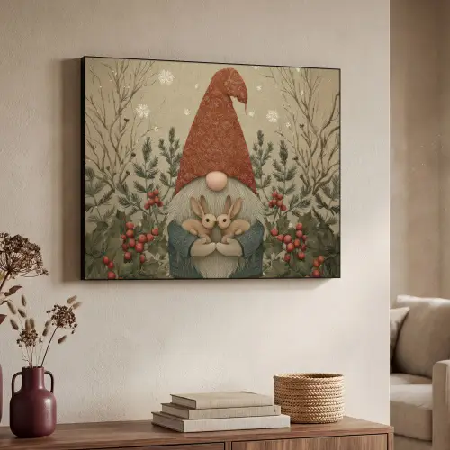 Kerstgnome - Konijntjes - Kleurrijk Textielframe zwart klein -sfeer3