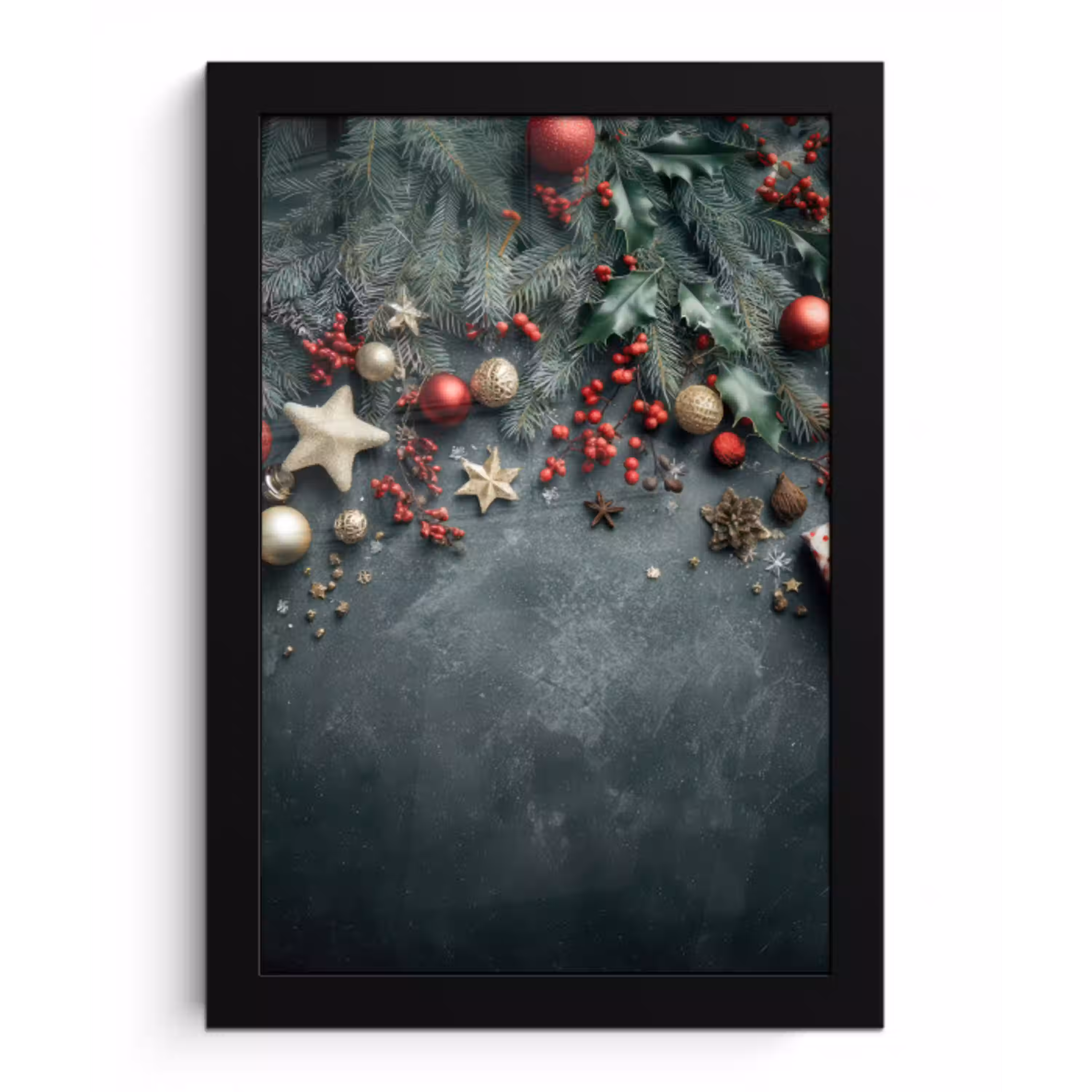 Kerstomlijsting - Hulst - Kleurrijk fotolijst zwart zonder passe partout klein -3d