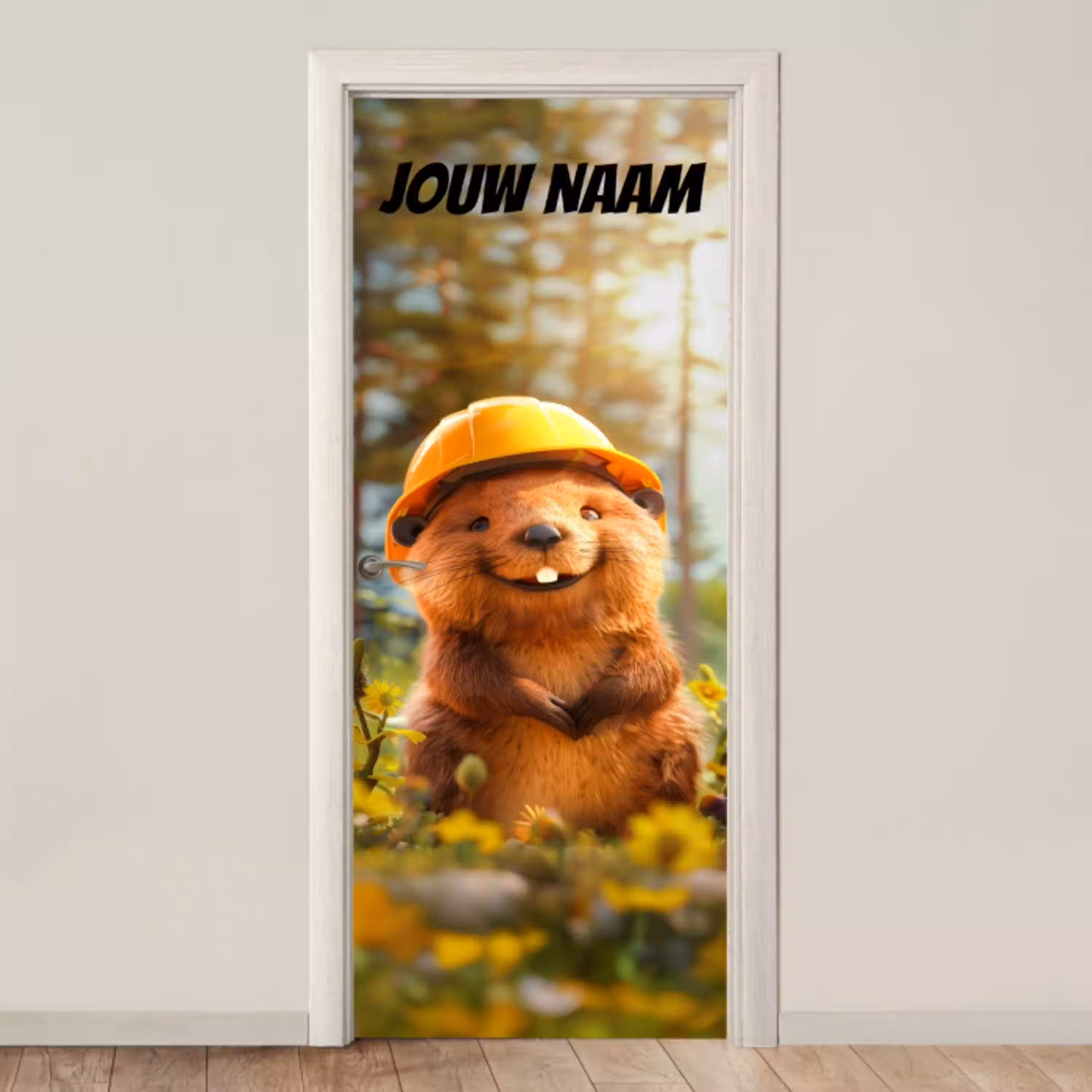 Schattige bever met bouwhelm tussen bloemen en de tekst “Deze kamer is van: jouw naam”. deurposter klein -3d_beige