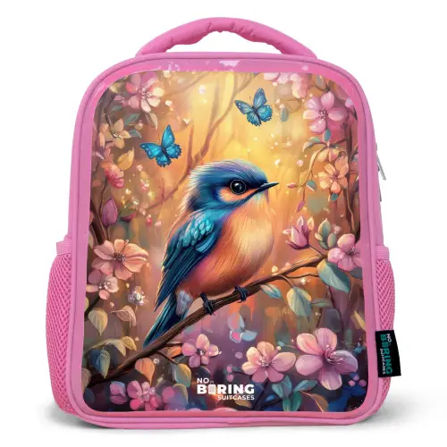 Vogel met vlinders in kleurrijk bos. Kinderrugzak - Roze middel -3d