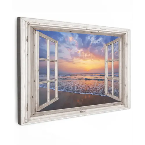 Doorkijk - Zee - Strand - Zonsondergang - Blauw Tuinposter op houten frame 2 cm dik klein -3d