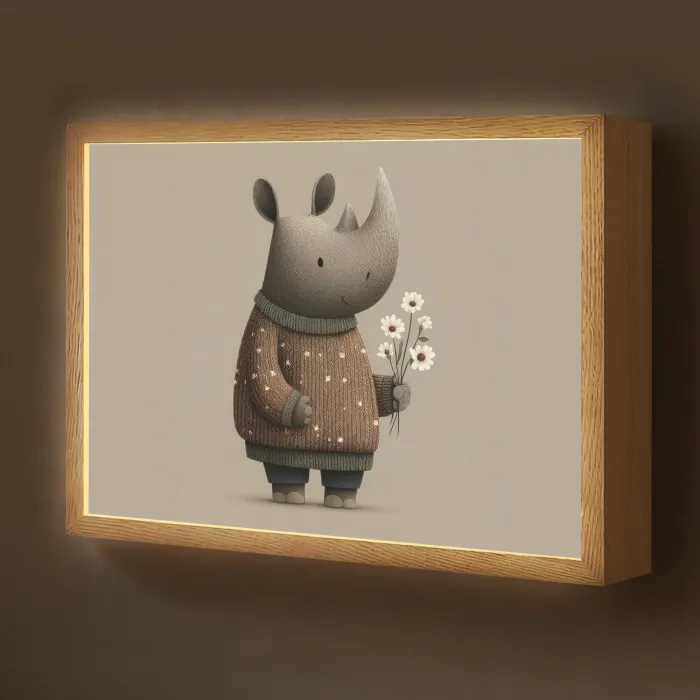 Neushoorn - Witte bloemen - Lief Light Box met batterij (Wandlamp kind) middel -z3d_website