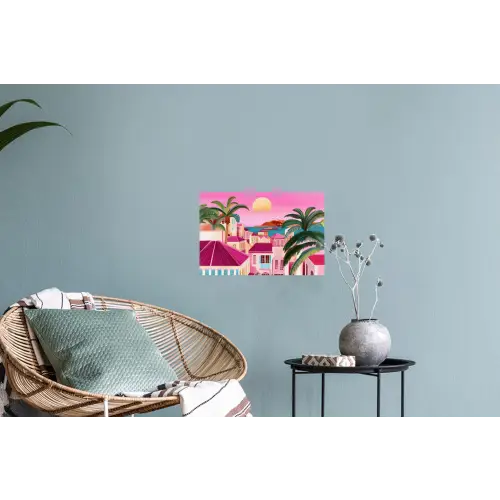 Stad - Roze - Palmbomen Muursticker klein -plant