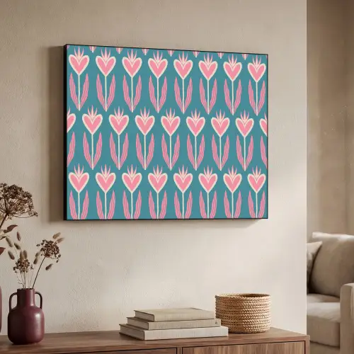 Blauw - Retro - Patroon - Hartjes Textielframe zwart klein 947 -sfeer3