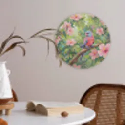 Papagaai - Hibiscusbloemen - Kleurrijk Akoestische PET Vilt - Rond klein -sfeer3