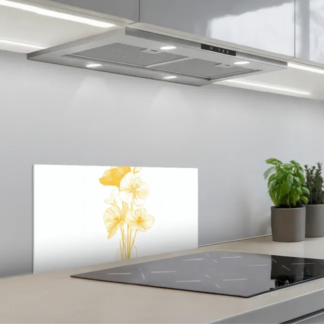 Lijntekening - Bloemen - Geel - Vaas keuken achterwand spatscherm klein -3d_schuin