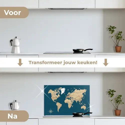 Wereldkaart - Donkerblauw - Beige keuken achterwand spatscherm klein -voor_na_NL